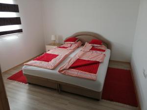 a bed in a bedroom with a red rug at Kuća za odmor Jovana&Ivona 2023 OBRADOVIĆ SOKAK 41 in Šimanovci