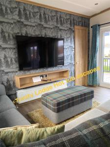 a living room with a tv and a couch at Trinity lodge hot tub escapes at Tattershall lakes in Tattershall