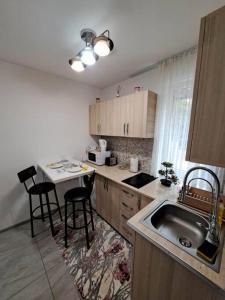 a kitchen with a sink and a table and chairs at Dovali apartment in Râmnicu Vâlcea