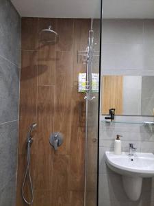 een badkamer met een douche en een wastafel bij Large studio with view in Borovets Gardens in Borovets