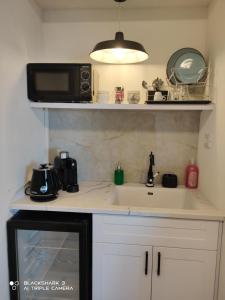 a kitchen with a sink and a microwave at צימרים סוף העולם 3 in Ein Kinya