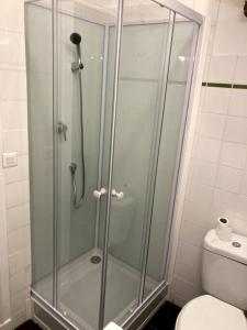 La salle de bains est pourvue d'une douche en verre et de toilettes. dans l'établissement Les Capucins.Appartement élégant,Vue sur le jardin, à Brest