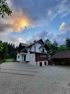 a house with a brick driveway in front of it at VoroLand in Gura Humorului +13 photos