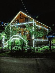 a house with christmas lights on the side of it at Park cottage Mtirala National Park in Ch'ak'vist'avi