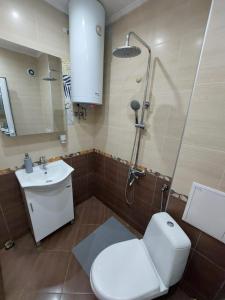 a bathroom with a toilet and a shower and a sink at 3 Rooms Apartment, Center, 1st Floor, AUBG, Free Parking, PC i5 SSD, 3 LED TVs 200 Channels, WiFi, Terrace, Easy-Late Check-in, Stay Before Greece in Blagoevgrad