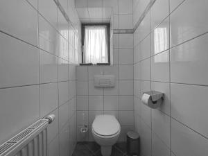 a white bathroom with a toilet and a window at Vesterberg Apartments in Top Lage! Bike Garage Inklusive! in Schladming
