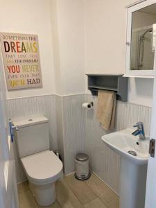 a small bathroom with a toilet and a sink at Beau retreat lovely apartment in Beaumaris in Beaumaris