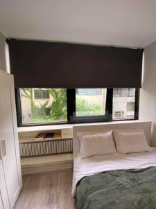 a bed in a room with a large window at Κέντρο πόλης Βασίλης 2 in Ioannina