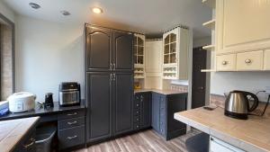 a kitchen with black cabinets and a black refrigerator at Spacious, Cheerful, Modern Home 5 BR, 3BA, 2KIT in Shoreline