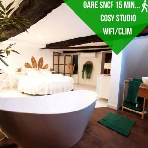uma banheira branca num quarto com uma cama em Studio équipé avec Lit rond / baignoire ilot / Table massage Aux Arcs em Les Arcs sur Argens