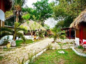 un chemin de terre à côté d'une maison plantée de palmiers dans l'établissement Cabañas MR, à Bacalar