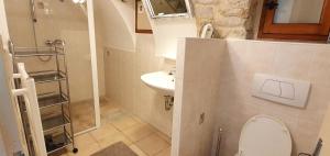 a small bathroom with a toilet and a sink at Mas Le Corbery in Largentière +25 photos