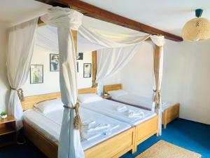 a bedroom with two beds with a canopy at ZEN Eco Villa in Sfântu Gheorghe