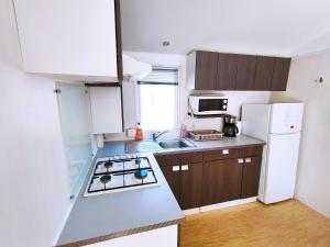 a kitchen with a white refrigerator and a stove top oven at Domaine des Iscles in La Roque-dʼAnthéron