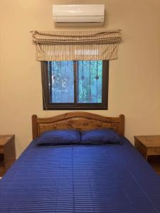 um quarto com uma cama azul e uma janela com ar condicionado em Turtle house em Dahab
