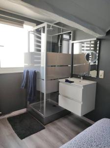 ein Bad mit einem Waschbecken und einem Spiegel in der Unterkunft Escale in Lüttich