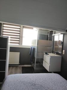 ein Schlafzimmer mit einem Bett, einem Waschbecken und einem Fenster in der Unterkunft Escale in Lüttich