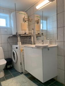 uma casa de banho com um lavatório e uma máquina de lavar roupa em Overnatting på Leknes em Leknes