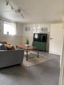 a living room with a couch and a table at Overnatting på Leknes in Leknes