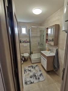 uma casa de banho com um chuveiro, um WC e um lavatório. em Noa em Ledine