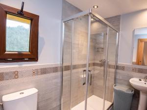 uma casa de banho com um chuveiro, um WC e um lavatório. em Cerezal 3, Loft en plena naturaleza em Llanes