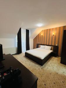 una camera d'albergo con un letto e una macchina fotografica di Pensiunea Zimbrul a Poiana Brasov