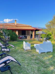 eine Gruppe weißer Stühle und Tische in einem Hof in der Unterkunft VILLA in 8 ettari di campagna, a 20' dal mare in Casa Piccirillo