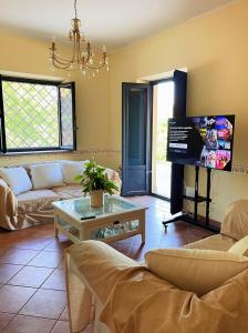 ein Wohnzimmer mit Sofas, einem Tisch und einem TV in der Unterkunft VILLA in 8 ettari di campagna, a 20' dal mare in Casa Piccirillo