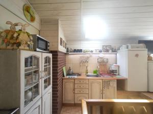 una pequeña cocina con fregadero y nevera. en Pokoje Gościnne "Justyna", en Kroczyce