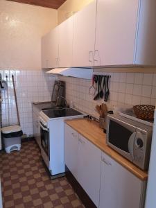 a kitchen with white cabinets and a sink and a microwave at Appartement RDC à cœur du Mont Dore in Le Mont-Dore