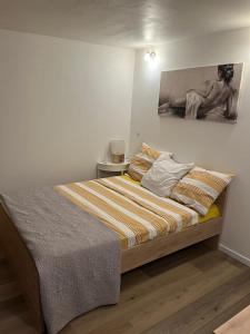 Schlafzimmer mit einem Bett mit Wandgemälde in der Unterkunft Abrilove in Castres