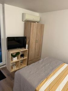 Schlafzimmer mit einem Bett, einem TV und einem Schrank in der Unterkunft Abrilove in Castres