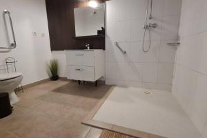 a bathroom with a shower and a sink and a mirror at C210 Appartement Disneyland Paris Studio in Montévrain