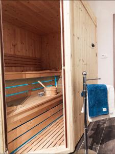 uma sauna de madeira com uma cadeira num quarto em Lavitas SPA em Moravče