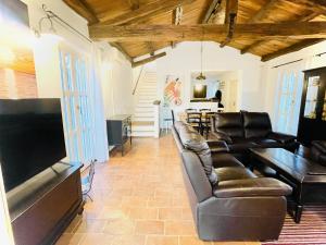 un soggiorno con mobili in pelle e una TV a schermo piatto di Liebevolle Villa Camelina mit Privatpool a Barat