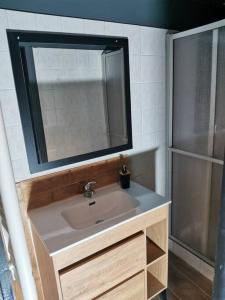 ein Badezimmer mit Waschbecken und Spiegel in der Unterkunft Love-room l'eden du Désir in Vecqueville + 43 Fotos