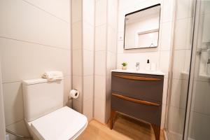 łazienka z toaletą, umywalką i lustrem w obiekcie Acogedor apartamento en centro histórico Malaga w Maladze +18 zdjęć