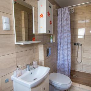a bathroom with a sink and a toilet and a mirror at Apartamenty Przy Deptaku in Trzęsacz