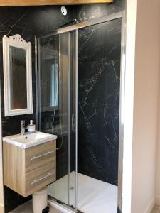 a bathroom with a glass shower and a sink at Maison Pécheur Golfe Morbihan Séné in Séné