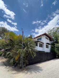 een huis met een zwart hek en een palmboom bij Salt Nosara in Nosara