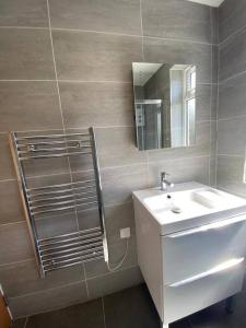 ein Bad mit einem Waschbecken und einem Spiegel in der Unterkunft Cheviot loft in London