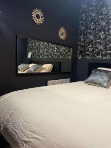 1 dormitorio con 1 cama grande y espejo en Love room chez Adan, en Arles