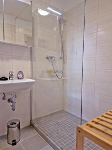 een badkamer met een douche en een wastafel bij HappySide BrightLines - Parkplatz - Nespresso - WLAN in Leipzig