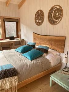 une chambre avec un grand lit avec des oreillers bleus dans l'établissement Preciosa casa V. Cerro Castillo cercana Parque, à Villa Cerro Castillo