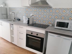 a kitchen with a counter with a microwave and a stove at Apartamento São Miguel - Santa Catarina Place in Ponta Delgada