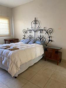 1 dormitorio con 1 cama grande y 1 mesa en Hostel Casa Don Vicente en Mendoza