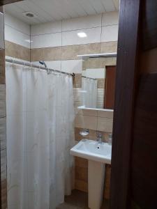uma casa de banho com uma cortina de chuveiro branca e um lavatório. em Дили Дом em Dilijan