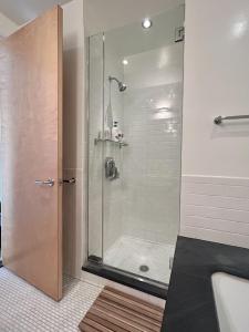 a bathroom with a shower with a glass door at Sunny & Cozy Apt with a Piano in a hot Brooklyn Neighborhood in Brooklyn