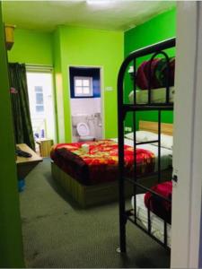 een slaapkamer met groene muren en een stapelbed bij Rose Haven Hotel in Cameron Highlands
