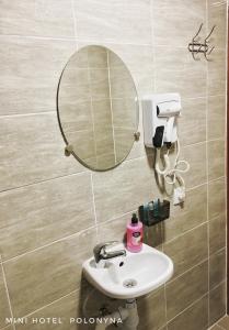 een badkamer met een wastafel en een spiegel bij Mini Hotel Polonyna in Pilipets